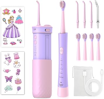 JTF Electric Toothbrush with Water Flosser Combo for Kids 2-1 Oral Clean Kit for Teeth Brushing & Flossing, Multiple Modes for Braces & Sensitive Gums Care, Cordless Rechargeable for Home & Travel