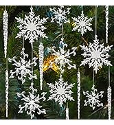 VGOODALL 36PCS Glitter Snowflakes Icicles, Snowflake Icicles with Gold Sequins Inside Ornaments A...
