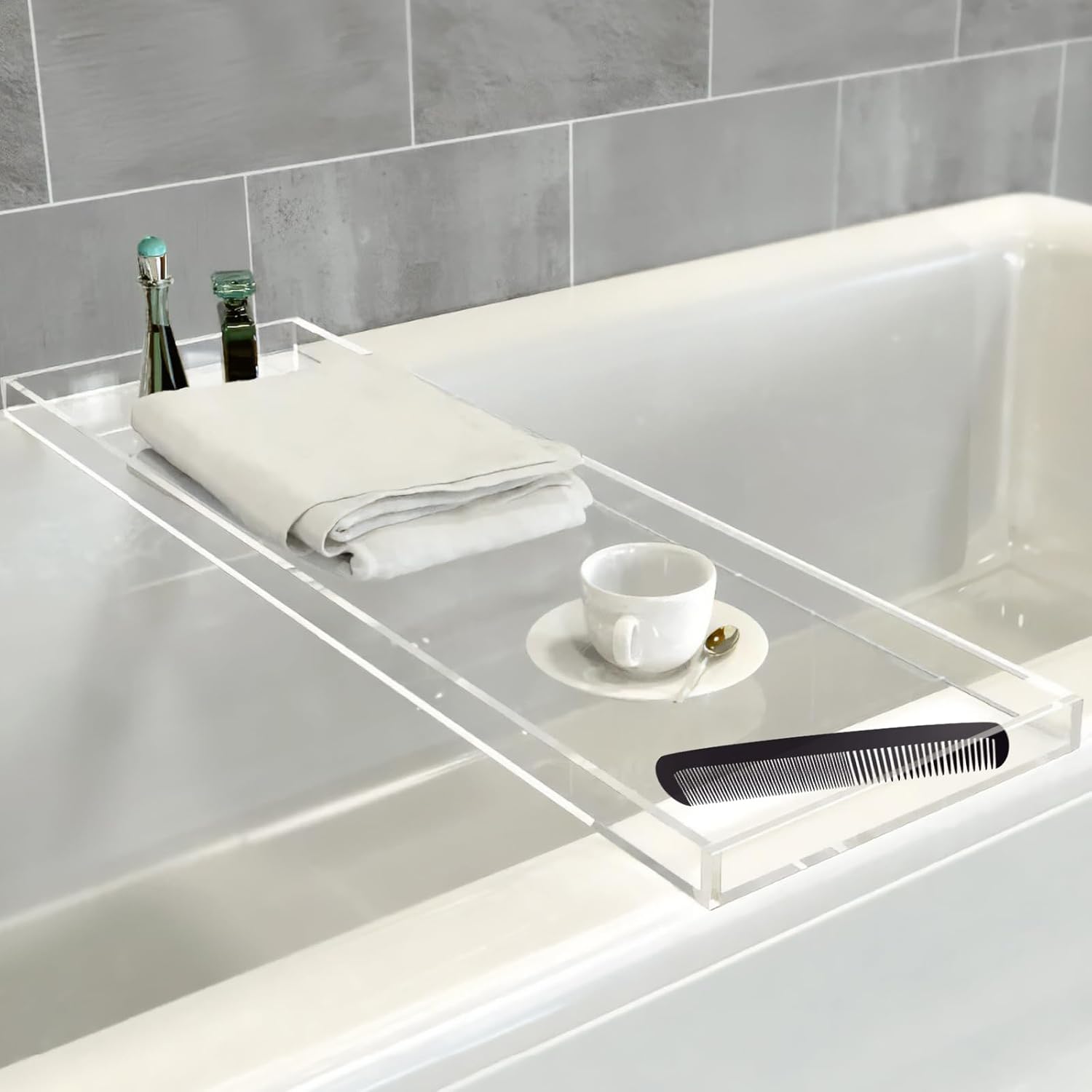 acrylic bathtub tray, 32.28in clear bath caddy, bathroom caddy tray for bathtub, acrylic bathtub tub for holds soap, towels, paper towels, candles, body wash, shampoo, plants