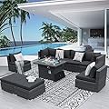 NICESOUL® 9 Pieces High Back Large Size PE Rattan Outdoor Patio Furniture Sectional Sofa Sets with Dual Natural Gas Propane Firepits Table, Wicker Conversation Sets Modern Luxury Grey