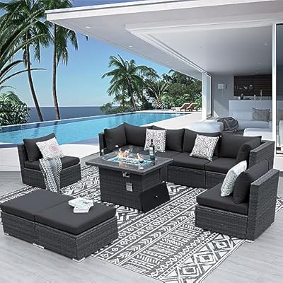 NICESOUL® 9 Pieces High Back Large Size PE Rattan Outdoor Patio Furniture Sectional Sofa Sets with Dual Natural Gas Propane Firepits Table, Wicker Conversation Sets Modern Luxury Grey