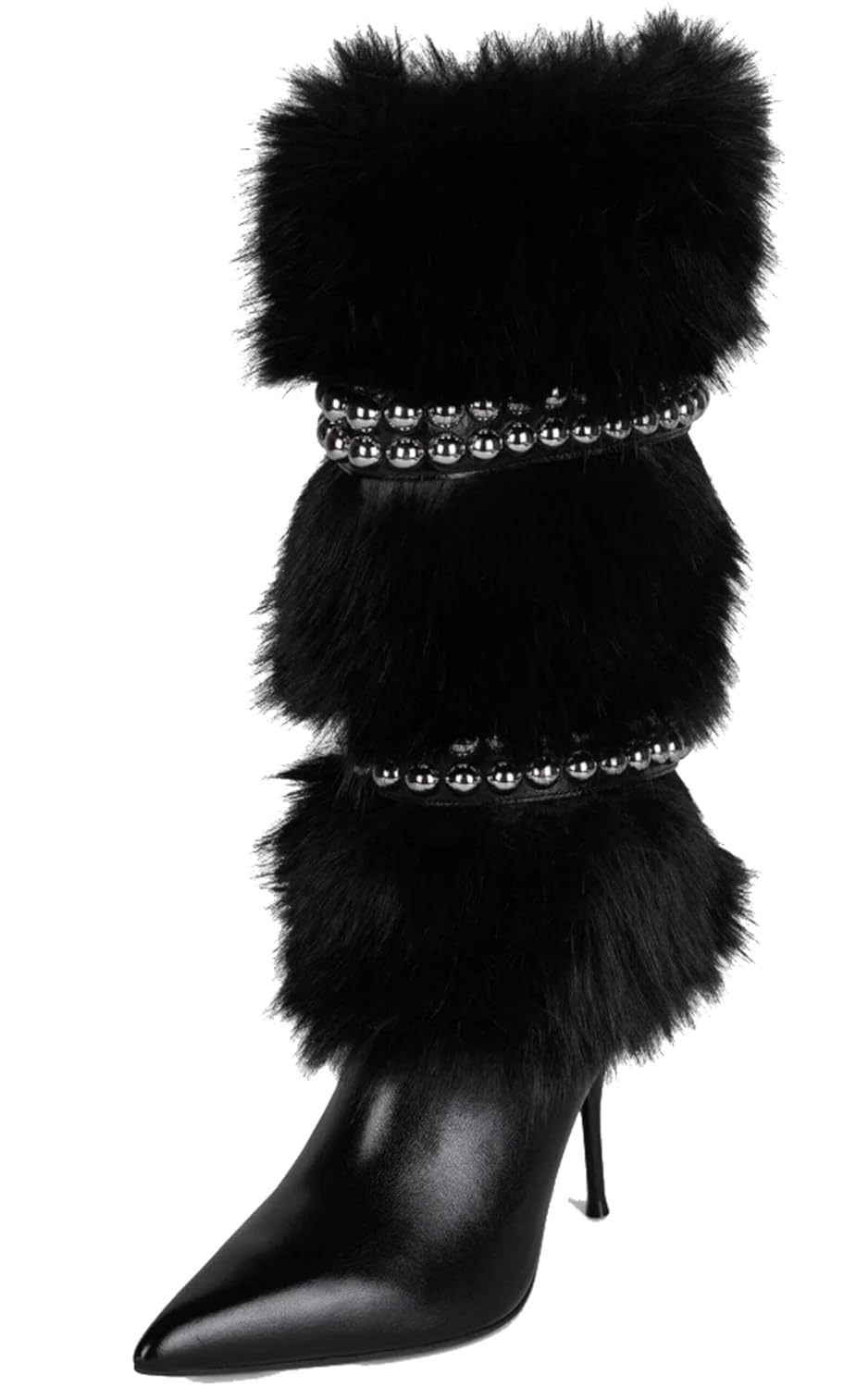 Women Faux Fur High Heel Boots Pointed Toe Stiletto Knee High Boots with Layered Plush and Metal Bead