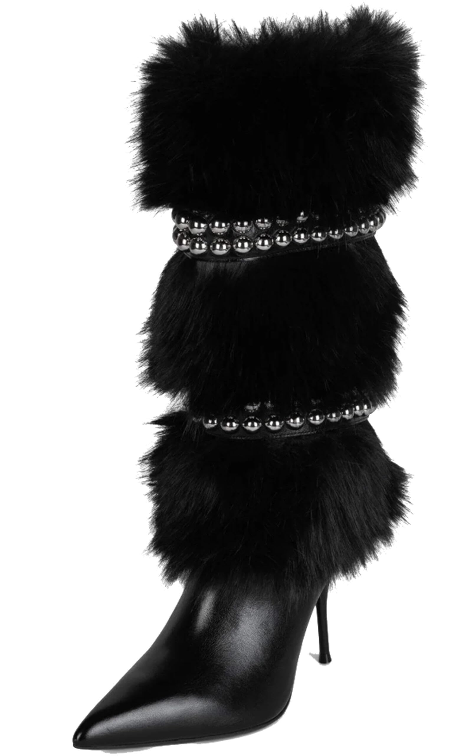 Women Faux Fur High Heel Boots Pointed Toe Stiletto Knee High Boots with Layered Plush and Metal Bead