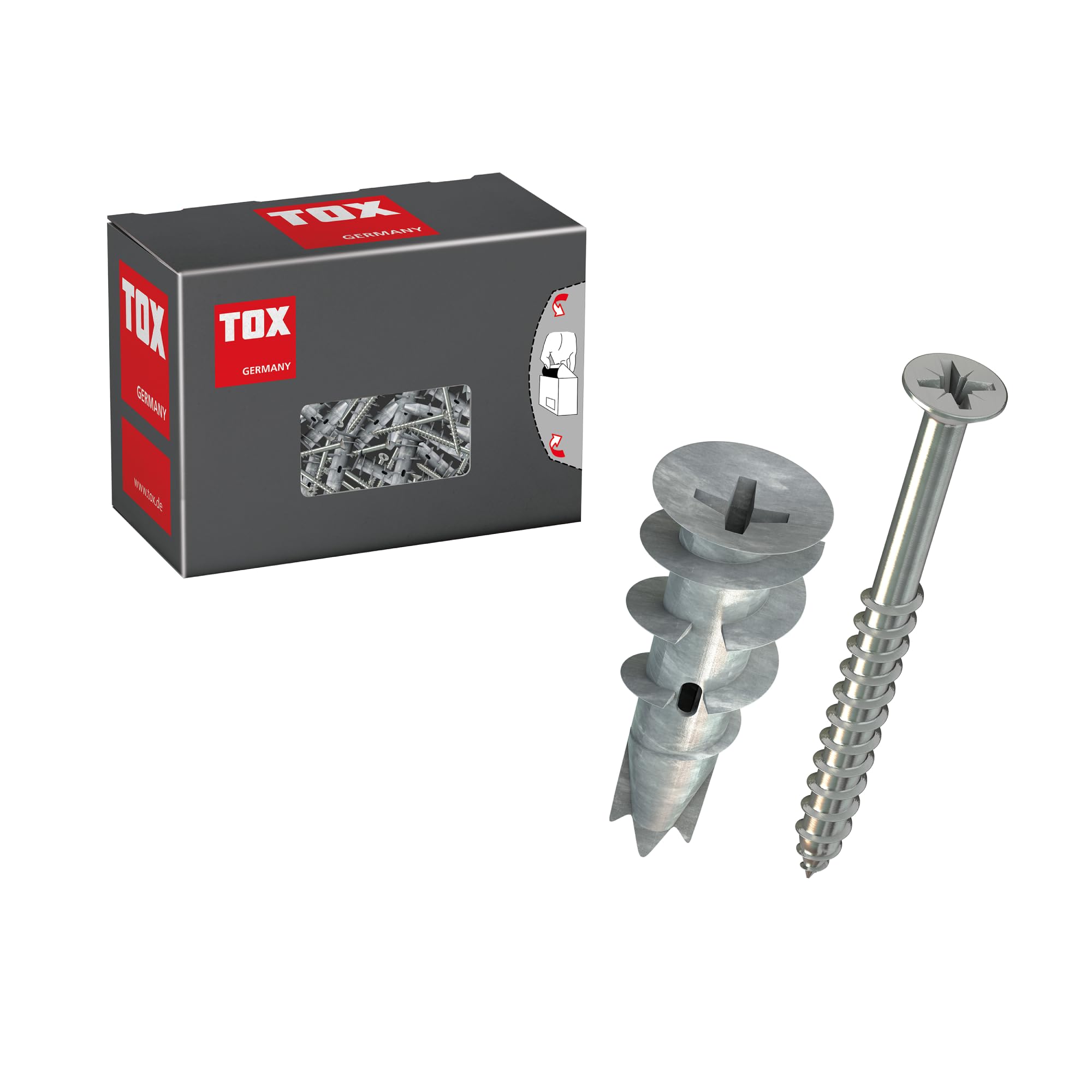 TOX Tassello per cartongesso Spiral Plus + S (versione fibra di gesso) – Tassello 32 mm con vite PZ2 inclusa, per pannelli a uno o due strati, senza preforatura, 25 pezzi, codice 06819172