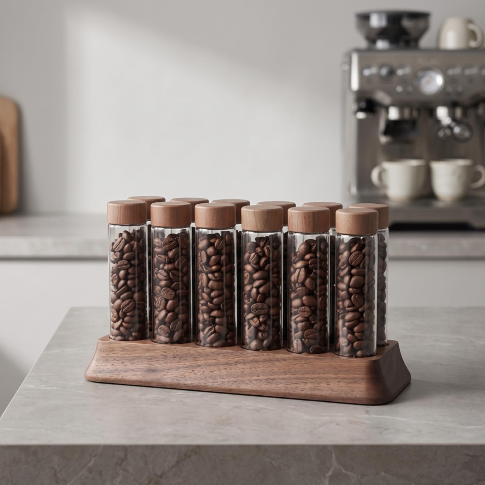 Conteneur de Grains de Café Support Organiseur Présentoir Porte-tubes avec Base Inclinée en Bois et 12 Logements Alignés pour Portions Adapté aux, 10 Cm, style to 3