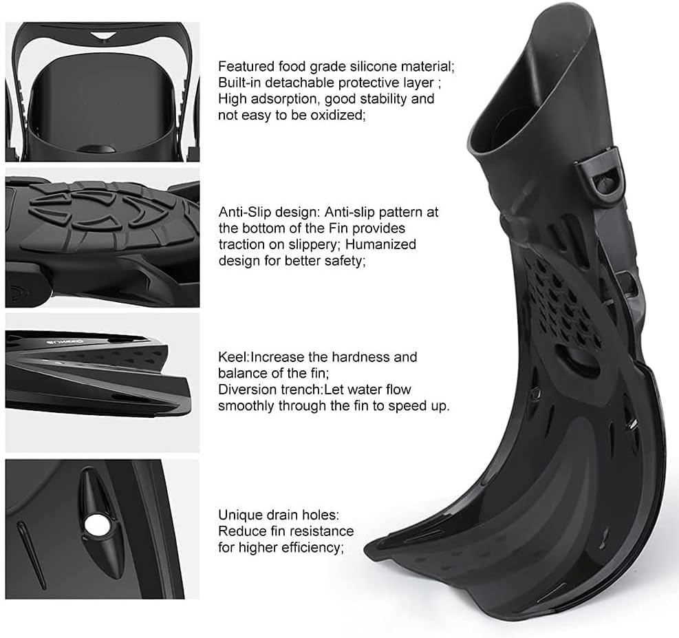 Miniatura 7 de Juego de esnórquel, para adultos con aletas de buceo ajustables, máscara antivaho, vista panorámica, esnórquel y calcetines de buceo, aleta de