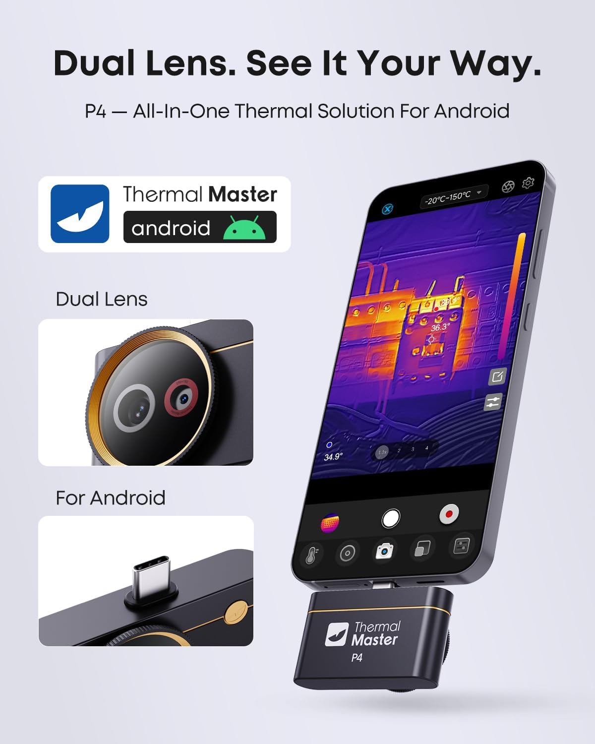 P4 Dual-Lens Thermal Imager for Android, Infrared Camera with IR Eraser, 512×384 X³ IR Resolution, -4℉ to 1112℉ Temp Range, 0.035℃ Sensitivity, Electrical & HVAC, 15×Digital Zoom