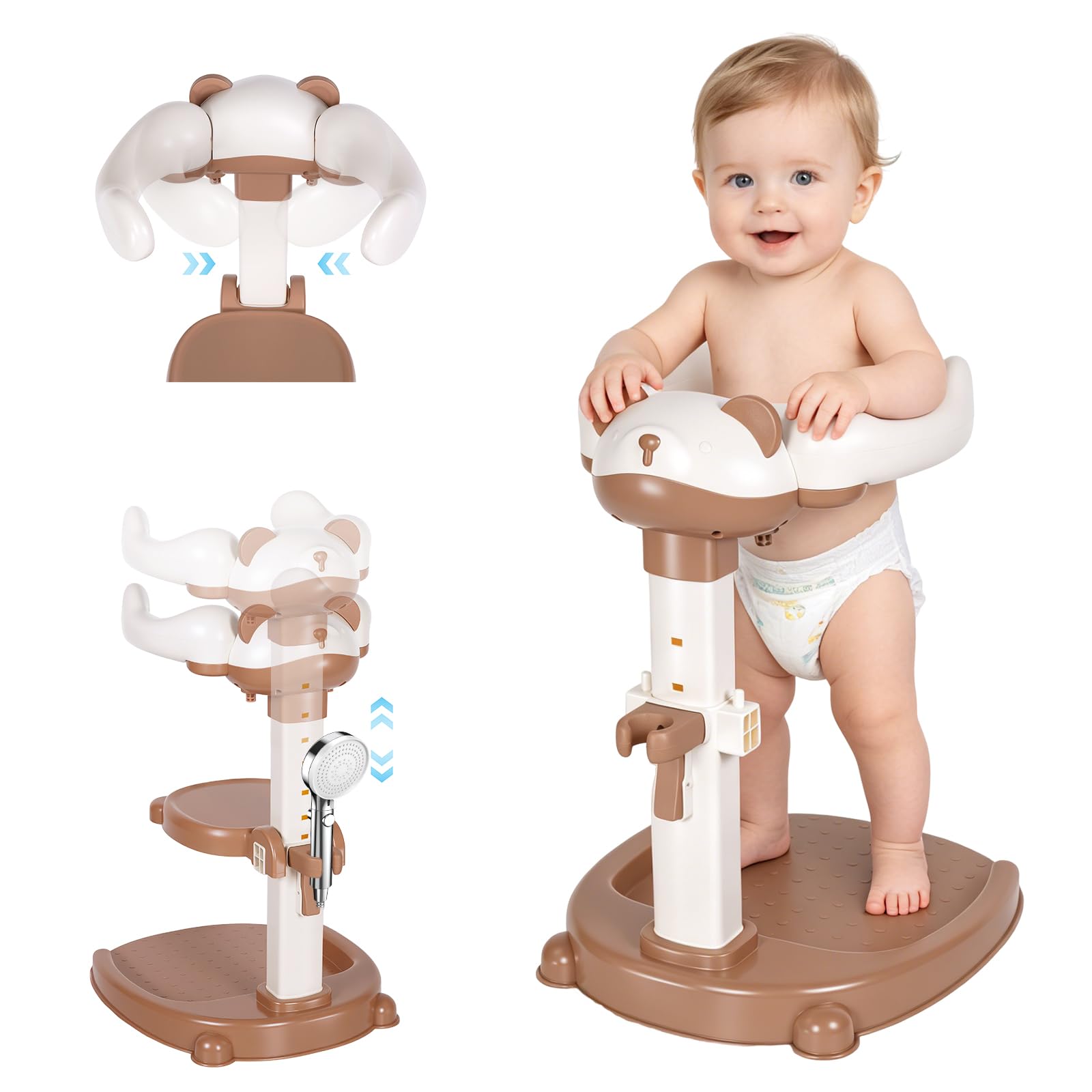 Baby Dusche Ständer Einstellbarer Baby Shower Stand Support mit AntiRutsch-Basis, Anehmbarem Sitz, Duschständer Kind, Anstelle eines Badewannensitzes baby zum Baden, Windelwechseln (Braun)