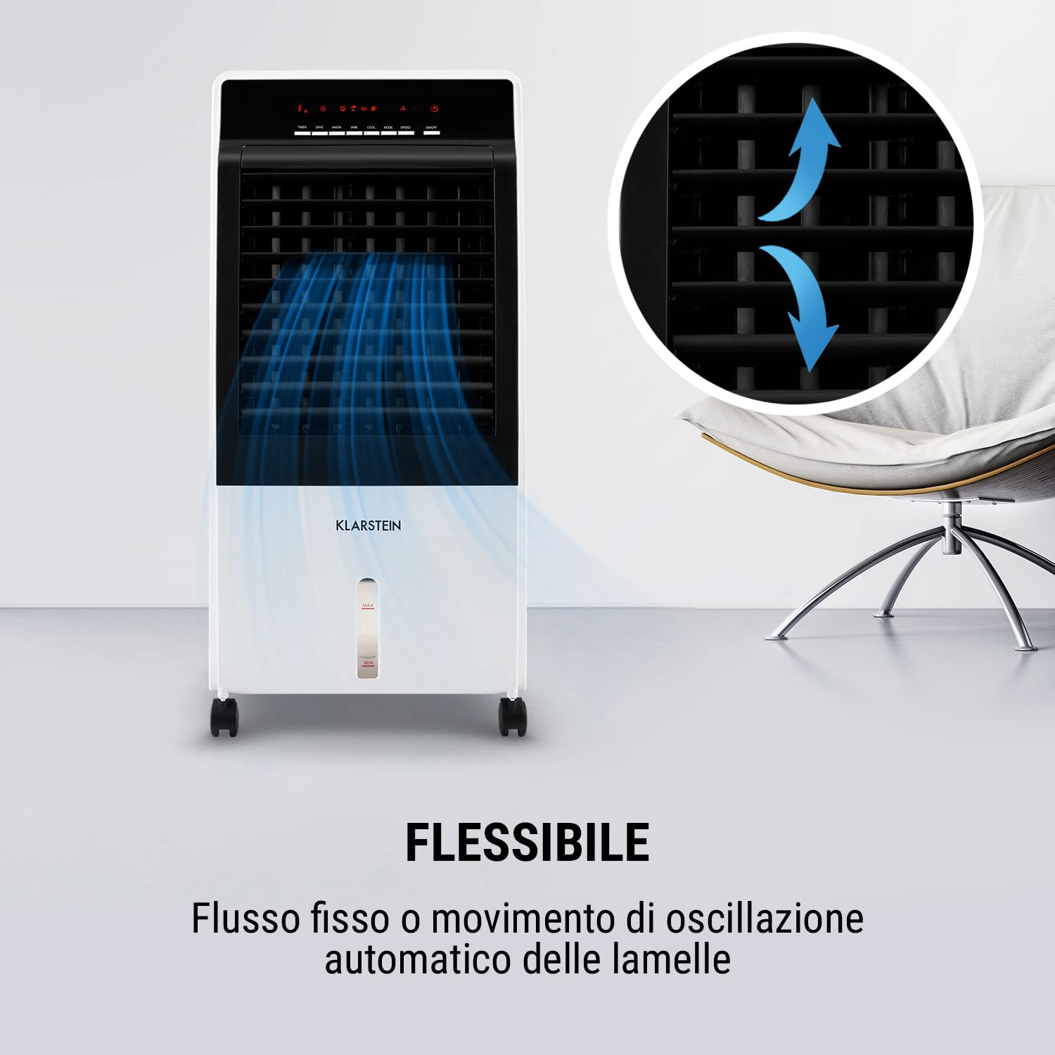 OneConcept Condizionatore Portatile Senza Tubo 65W 4 in 1, Umidificatore, Climatizzatore Portatile, Ionizzatore per Casa/Ufficio, Ventilatore Aria Fredda, Raffrescatore d’Aria 360m³/h, Serbatoio da 8L