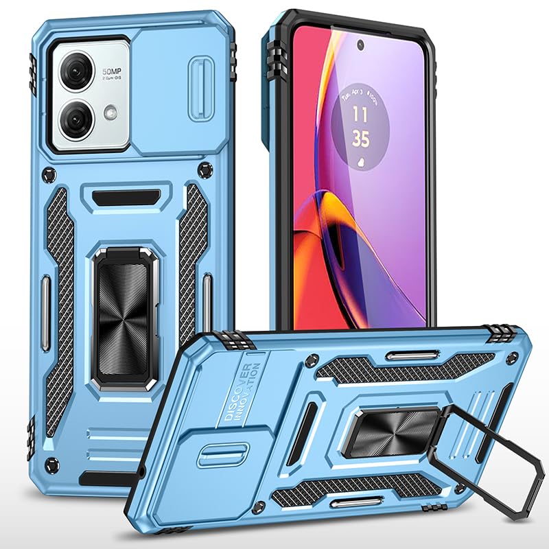 Image of Slide Camera Cover with Ring Holder Mobile Phone Case Cover for Motorola Moto G84 (Blue)