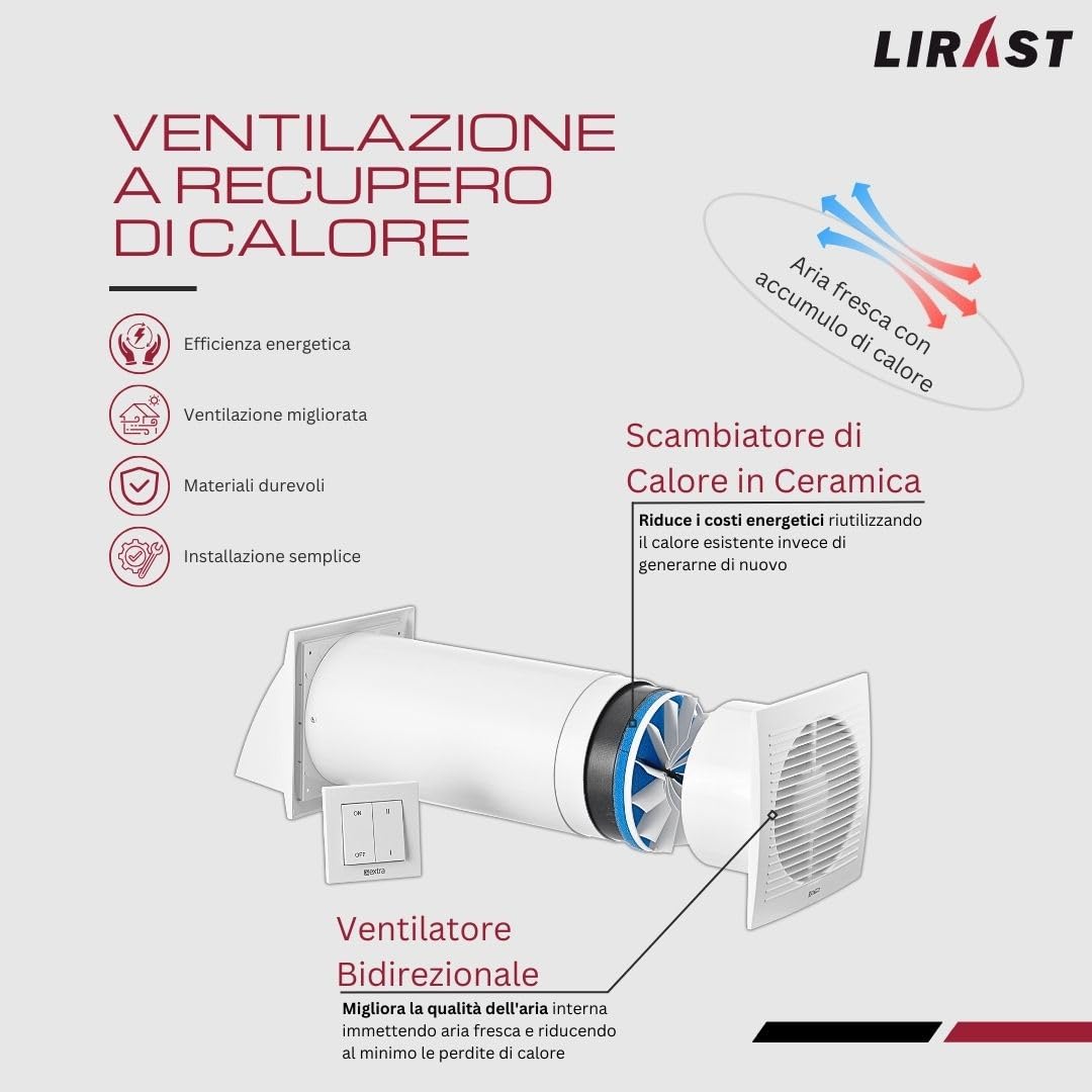 150mm Ventilazione Meccanica Controllata VMC Doppio Flusso Recupero Calore con Interruttore - VMC Recuperatore di Calore Doppio Flusso