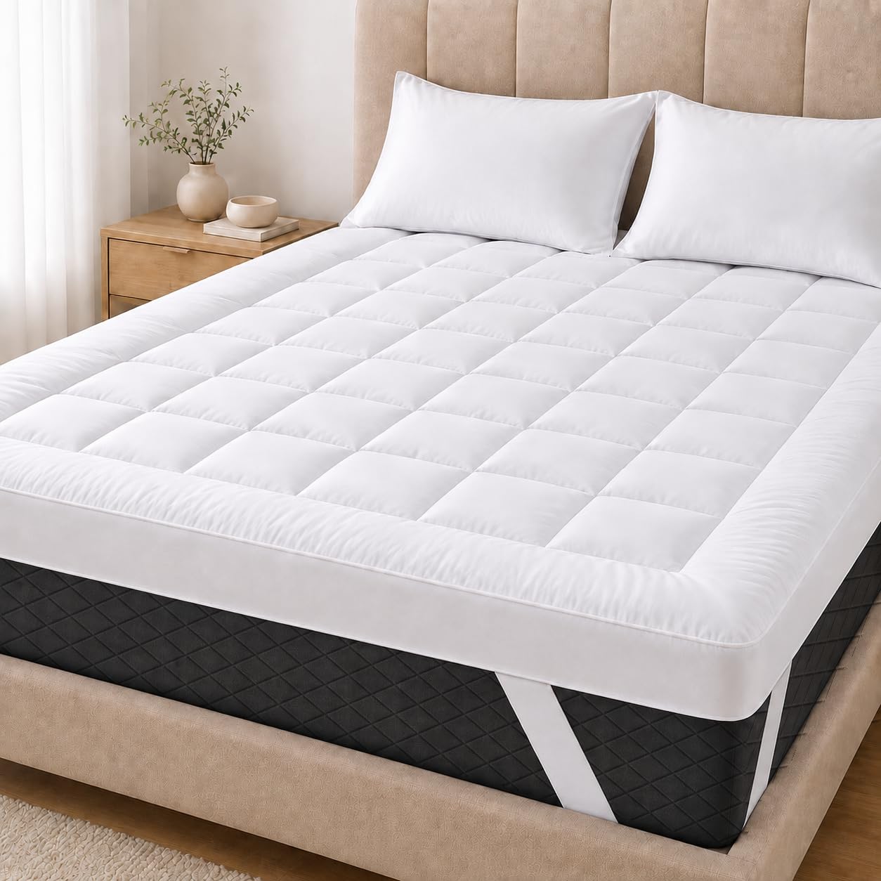 Mattress Topper Extra Deep 4 Inch Deep (10CM)- King Size Mattress Topper Fluffy Hypoallergenic Microfibre with Strong Corner Straps (4Inch Deep, King)