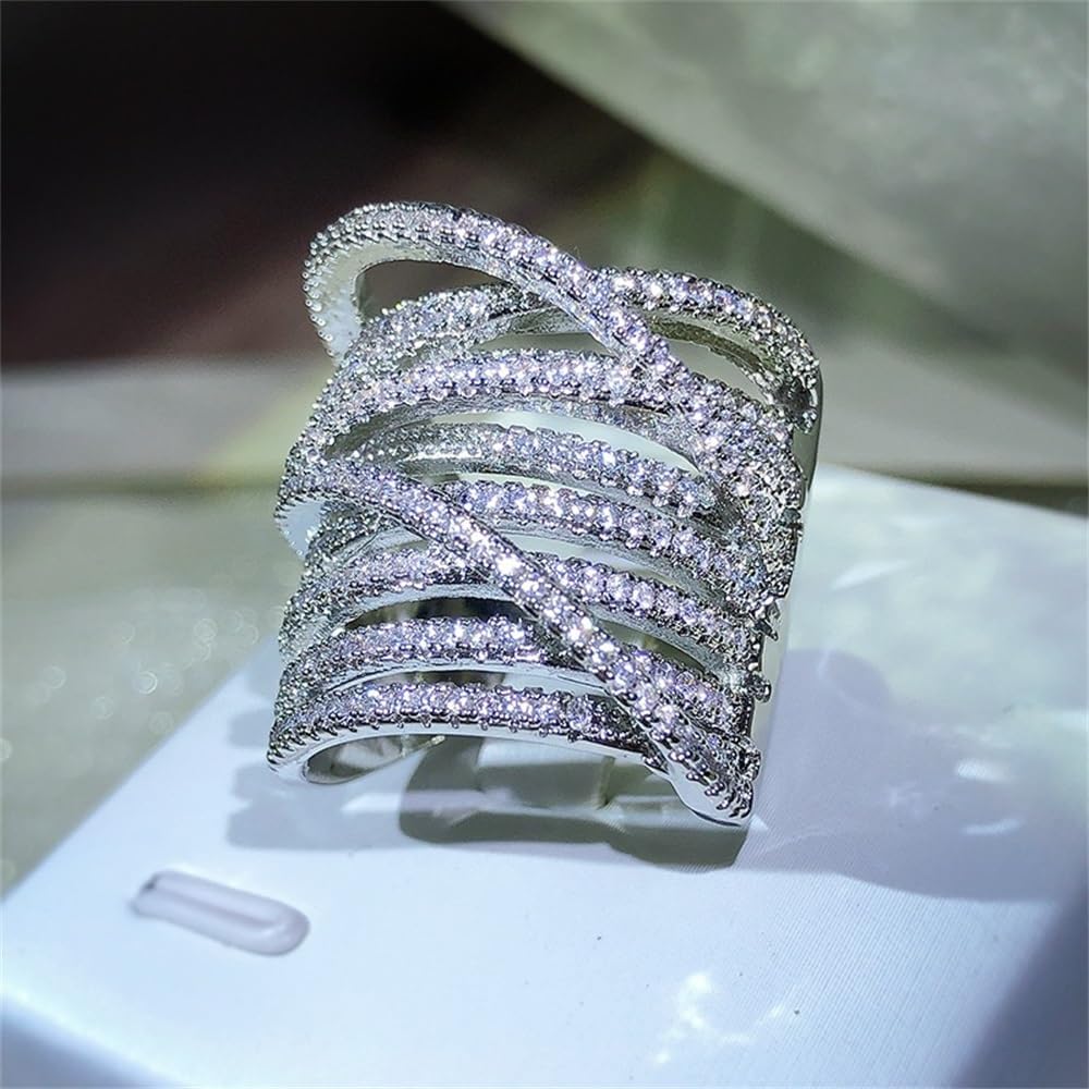 925 Sterling Silver Shiny Full Diamond Gemstone Ring 18K Gold Cubic Zirconia Criss Cross Wide Band Cocktail Ring CZ Diamond Multi Row Rings Eternity Engagement Wedding Band Ring Z.129 (US Code 8) - Image 2