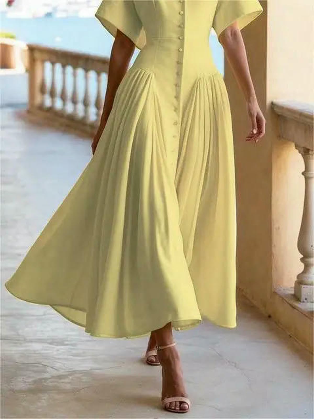 Vestito Donna Estate Eleganti Abiti Midi in Alto con Maniche Corte Giro per La Vita Abbottonate Fluidi Un Abito da Camicia Donne-Abiti Gialli-m