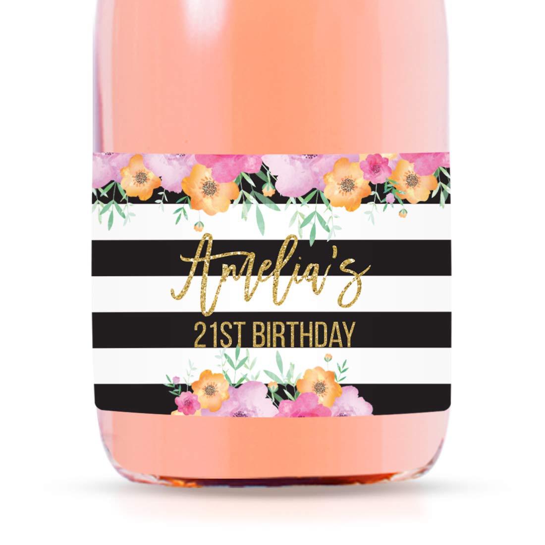 Andaz Press Personalized Mini Champagne Wine Bottle Labels, Amelia's 21st Birthday, Black White Stripes Florals, 20-Pack, Custom Mini Champagne Favor Gift Labels Stickers Birthday