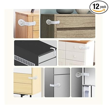 Royalkart Baby Safety Locks Pack of 12, 3M Adhesive Surface Area Adjustable & Flexible Lock for Better Stick Cabinet Drawer Lock Children, Kids, Kitchen, Fridge, Cupboards(White)