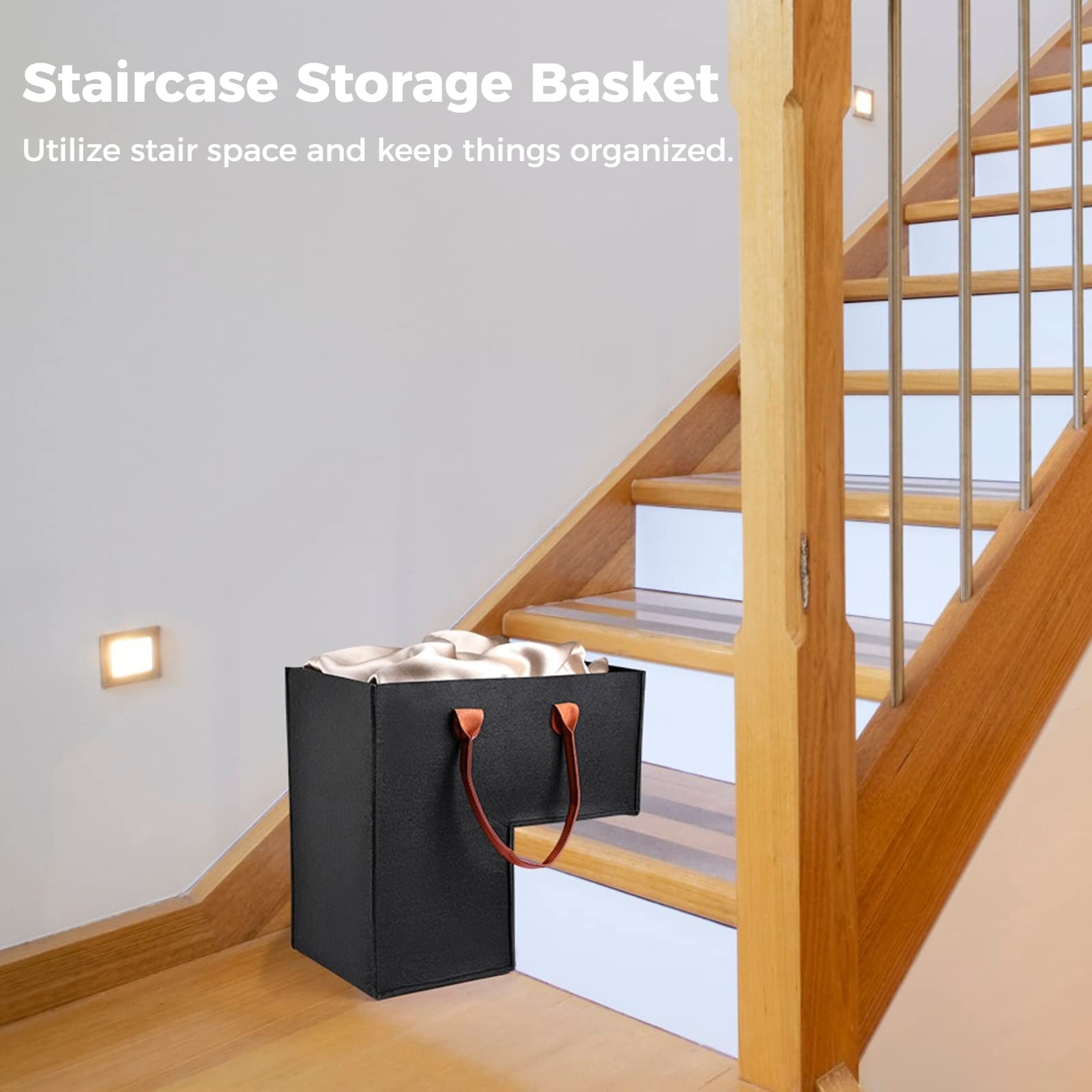 GEKMOR Foldable Felt Stair Basket for 16'' Stairs, Large Staircase Baskets With Faux Leather Handles - Image 2