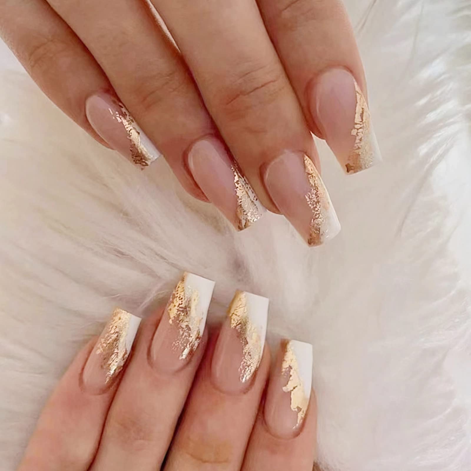 Amazon.com: MERVF Coffin Press on Nails Long Fake Nails White French Tip  Ballerina Glue ons with Gold Designs Acrylic Artificial Glossy False Nail  24pcs : Beauty & Personal Care