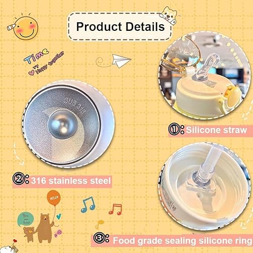 Miniatura 4 de Kawaii Bear - Botella de agua con popote y correa para el hombro, a prueba de fugas, de acero inoxidable al vacío, sin BPA, lindas botellas de agua