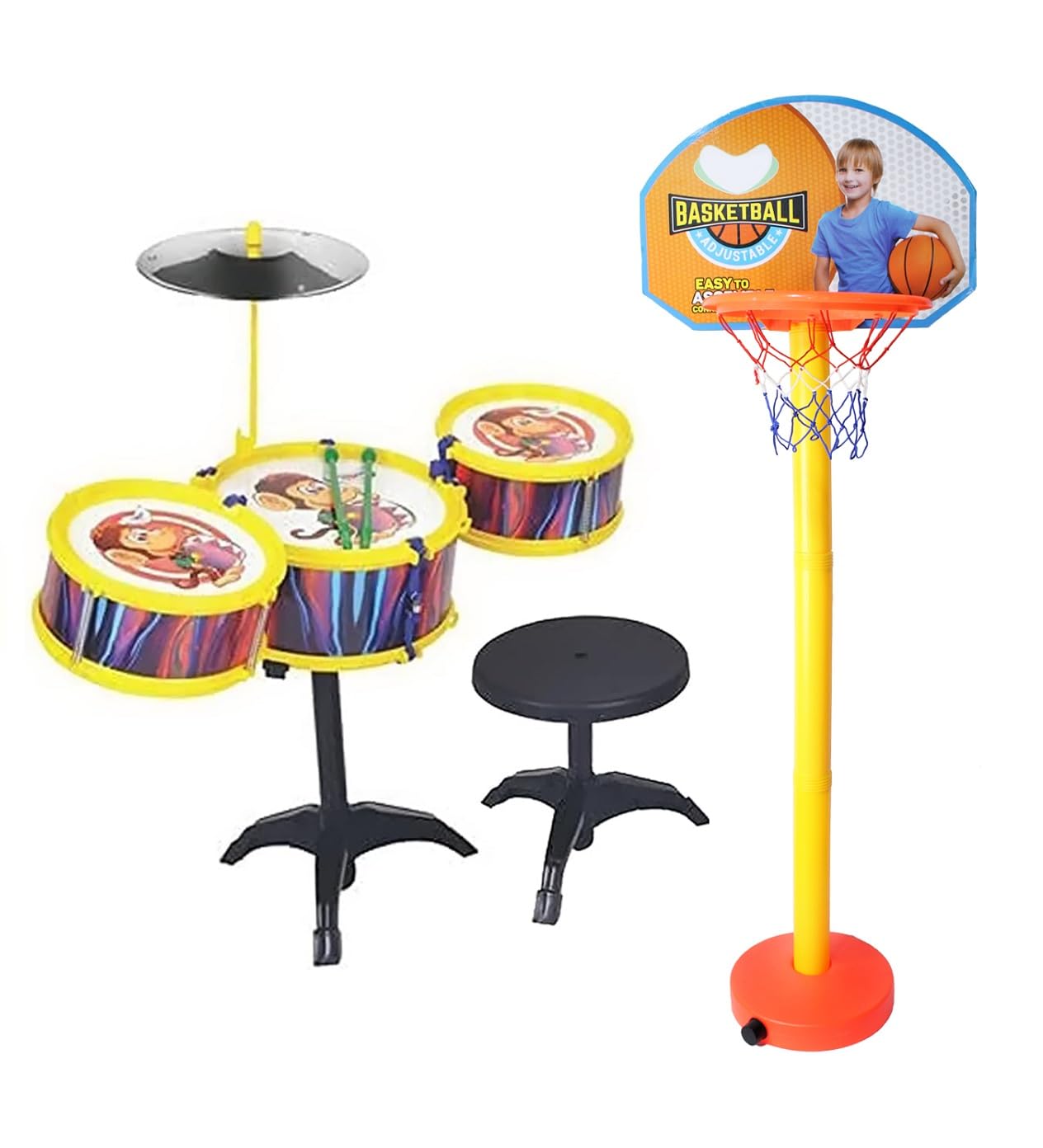 Prime Adjustable Height Basketball Hoop Set with Stand and Ball with Drum Set for Kids (Basketball + Drum Set)-image-24