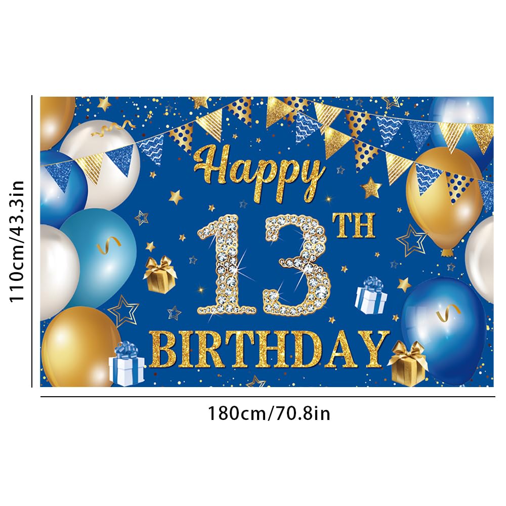 13. Geburtstag Party-Deko-Set – Extra Großes Hintergrund-Banner 180x110 Cm, Blau-gold, Mit Ösen, Für Geburtstagsfotos & Wanddeko