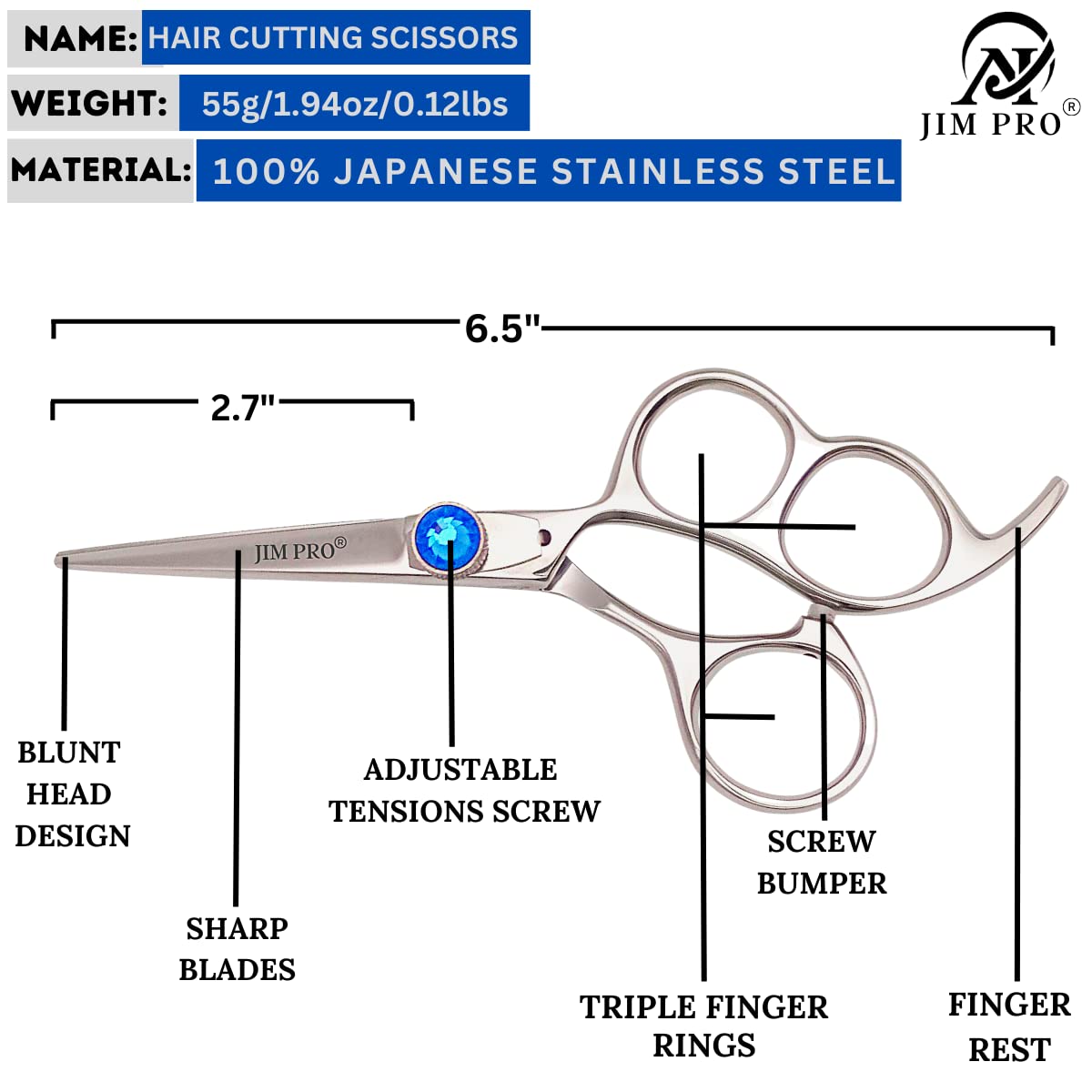 JIM PRO - 5’’ German Beard Mustache Scissor with 2 combs and Carrying pouch - Premium Hair Trimming Kit for Men's Facial Hair -Perfect Shears for Personal Grooming, Cutting & Styling (BLUE+SILVER)