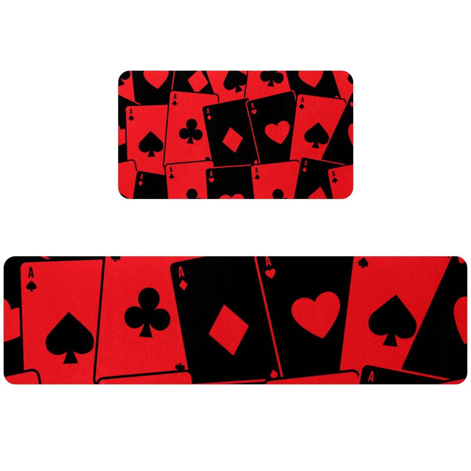 Tapis de cuisine lavable antidérapant motif poker as noir et rouge | Lot de 2
