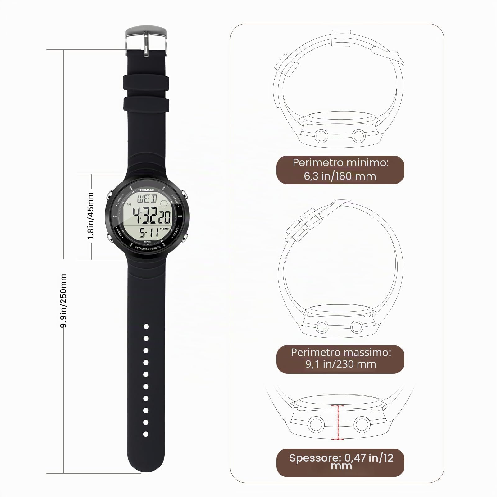 Orologio da polso per nuoto e immersione, impermeabile, 10 ATM, con funzioni di sveglia, cronometro, conto alla rovescia, doppio fuso orario, formato 12 e 24 ore commutabile, cinturino in silicone