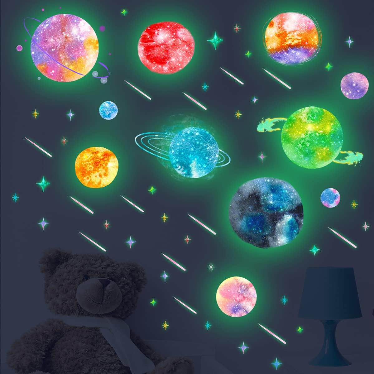 KASTWAVE Glow in The Dark Solar System Wall Decals for Ceiling Luminous Colorful Planets Stars Wall Stickers for Kids Bedroom Nursery Decor