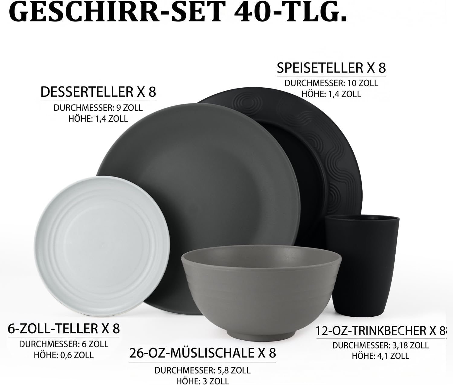 Wrova Set di stoviglie in plastica, 40 pezzi, leggere, per 8 persone, riutilizzabili, lavabili in lavastoviglie e adatte al microonde, servizio da tavola per cucina, matrimonio, grigio pietra
