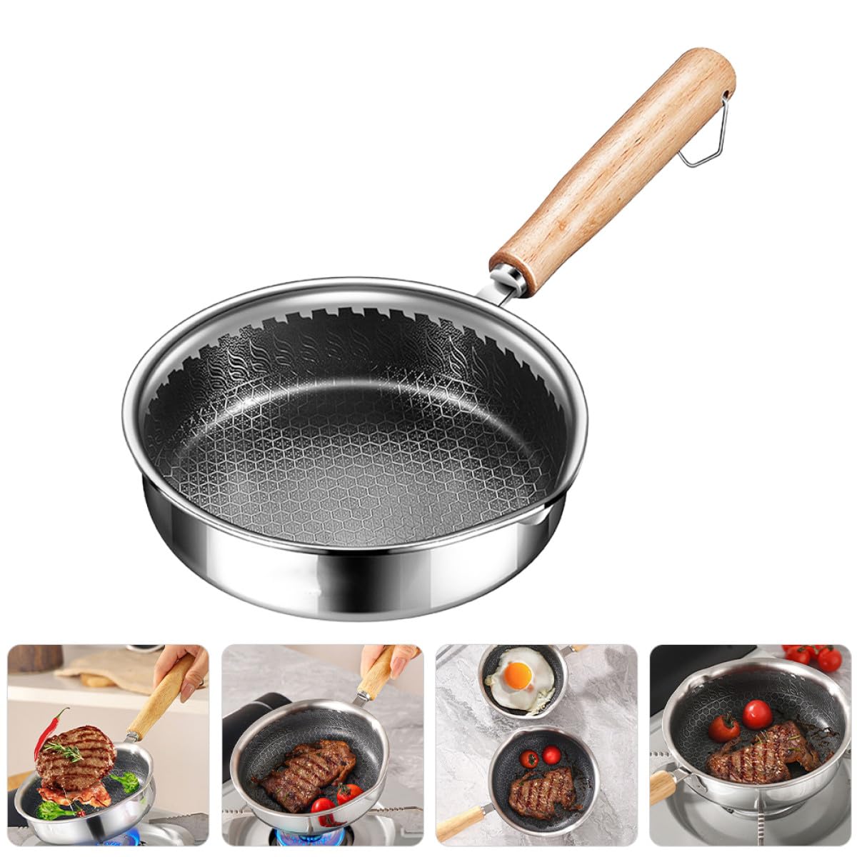 ULTECHNOVO Padella a Nido D'ape Antiaderente in Acciaio Inox 316 da 16 Cm, Padella da Cucina per Uova e Bistecche con Fondo Piatto e Impugnatura Ergonomica, Adatta a Tutti i Fornelli e