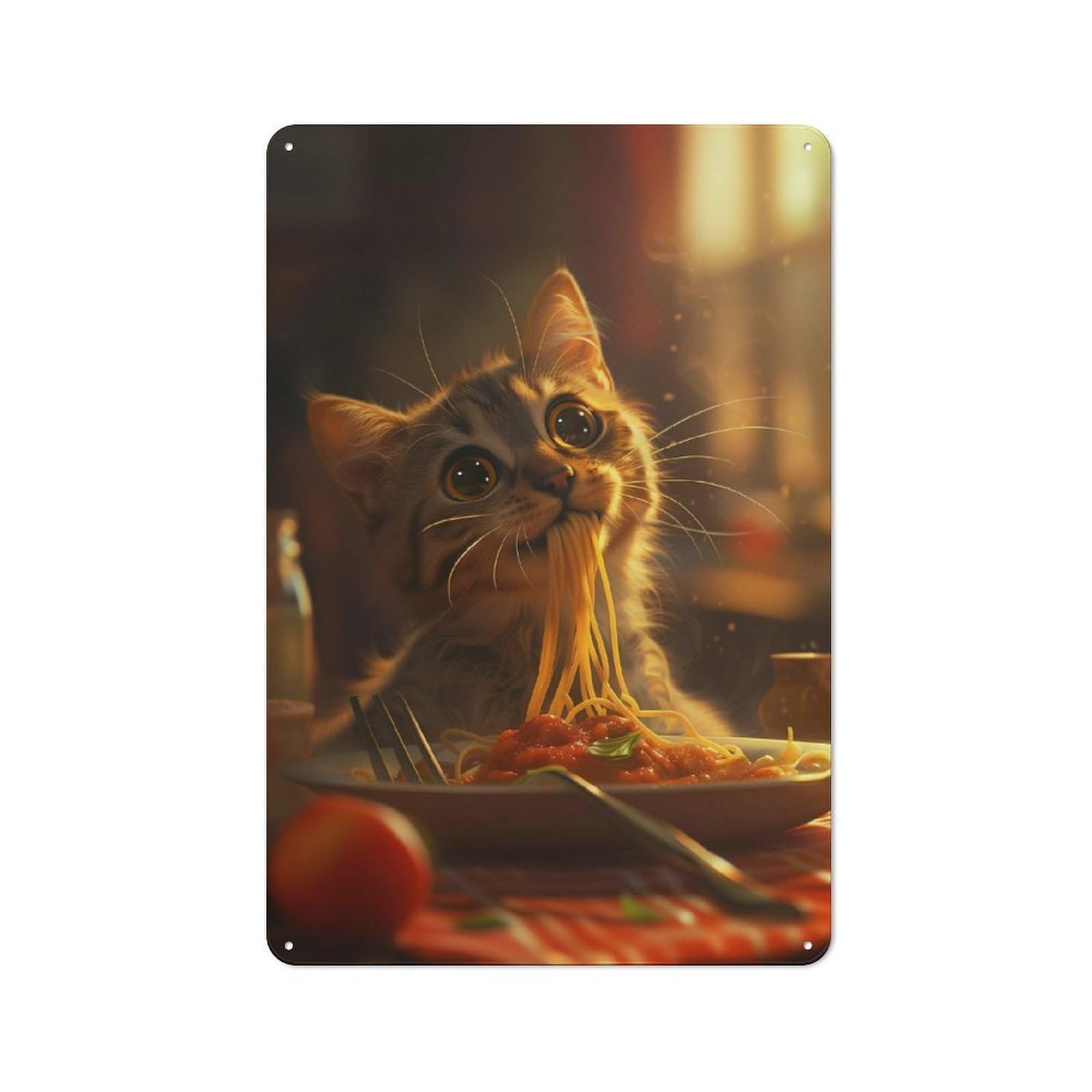 Junmoney Kitty Eating Spaghetti Retro Metal Sign 30X20cm For Living Room Or Hallway, For Kitchen, Dining Room And Home Bar Wall Decor