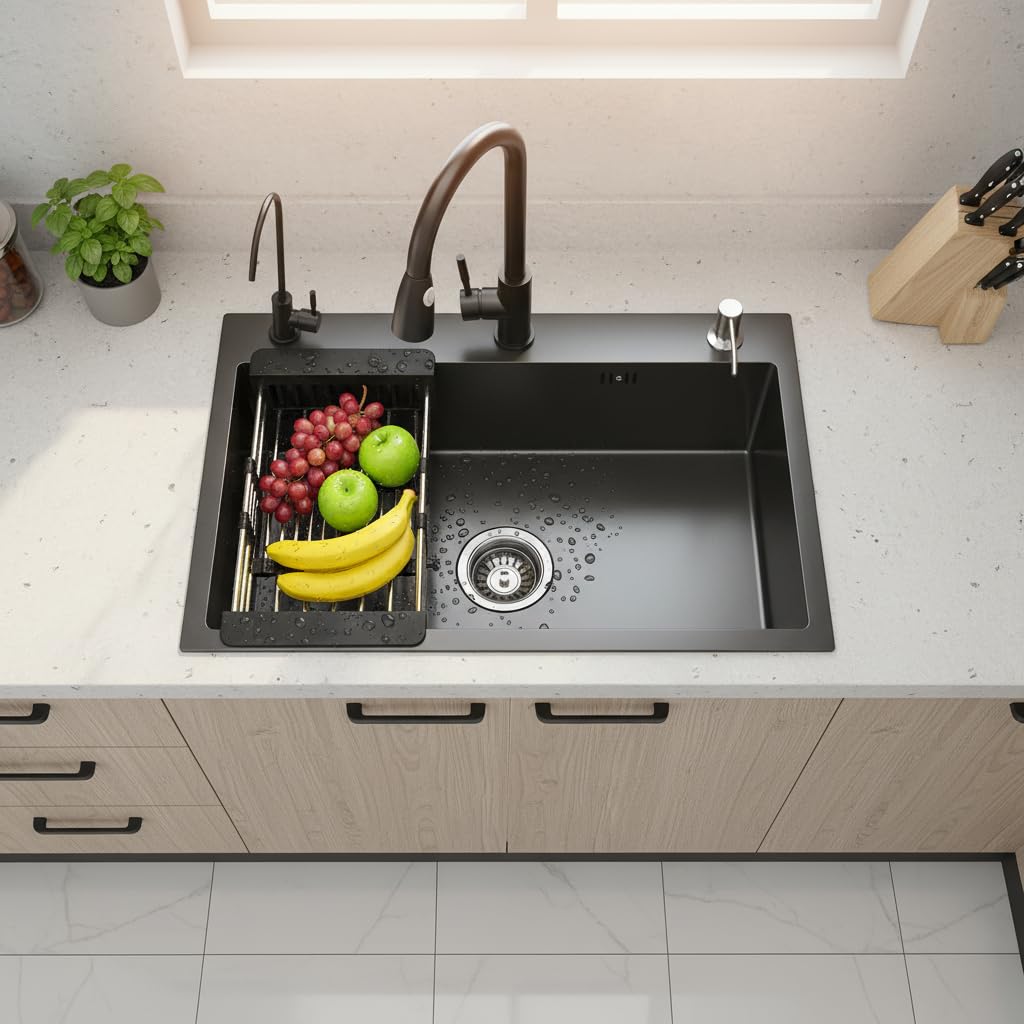 Fregadero de cocina Gris oscuro, 304 de acero inoxidable, 80 x 50 cm, para empotrar con grifo, dispensador de jabón, grifo de agua potable (80 x 50 cm)