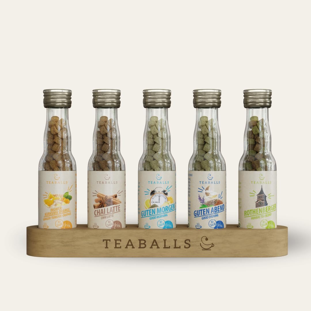 TEABALLS BIO Big Pure - Juego de 5 tazas de té (jengibre, cálcuma de jengibre, naranja y chai, buenas mañanas, buenas noches, té de hierbas de color rojo)