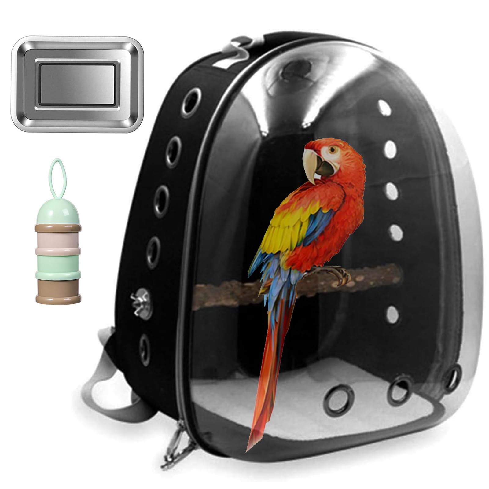 IS MUHE Pet Bags Bird Carrier Parrot Travel Backpack Transparent Space Capsule Carrying Backpack Travel Bag Breathable Bird Transport Bag with Anti-lost Hook and Non-slip Pad，Stainless Steel Tray（A)