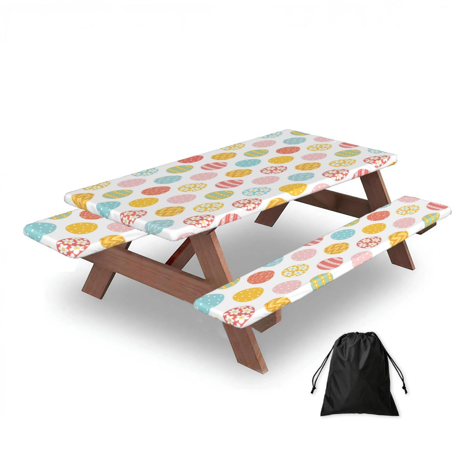 Dopklna As Picture Happy Easter Colorful Easter Eggs, Picnic Table Cover With Bench Covers -Waterproof Elastic Fitted Tablecloth For Garden Camping Patio 76X152cm