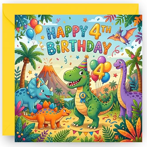 4th Birthday Card Gift for Boys Four Today 4 Years Old - Cute Dinosaur Design Happy Fourth Birthday Greeting Card for Grandson Nephew Son Toddler or Boys - Includes Yellow Envelope 14cm