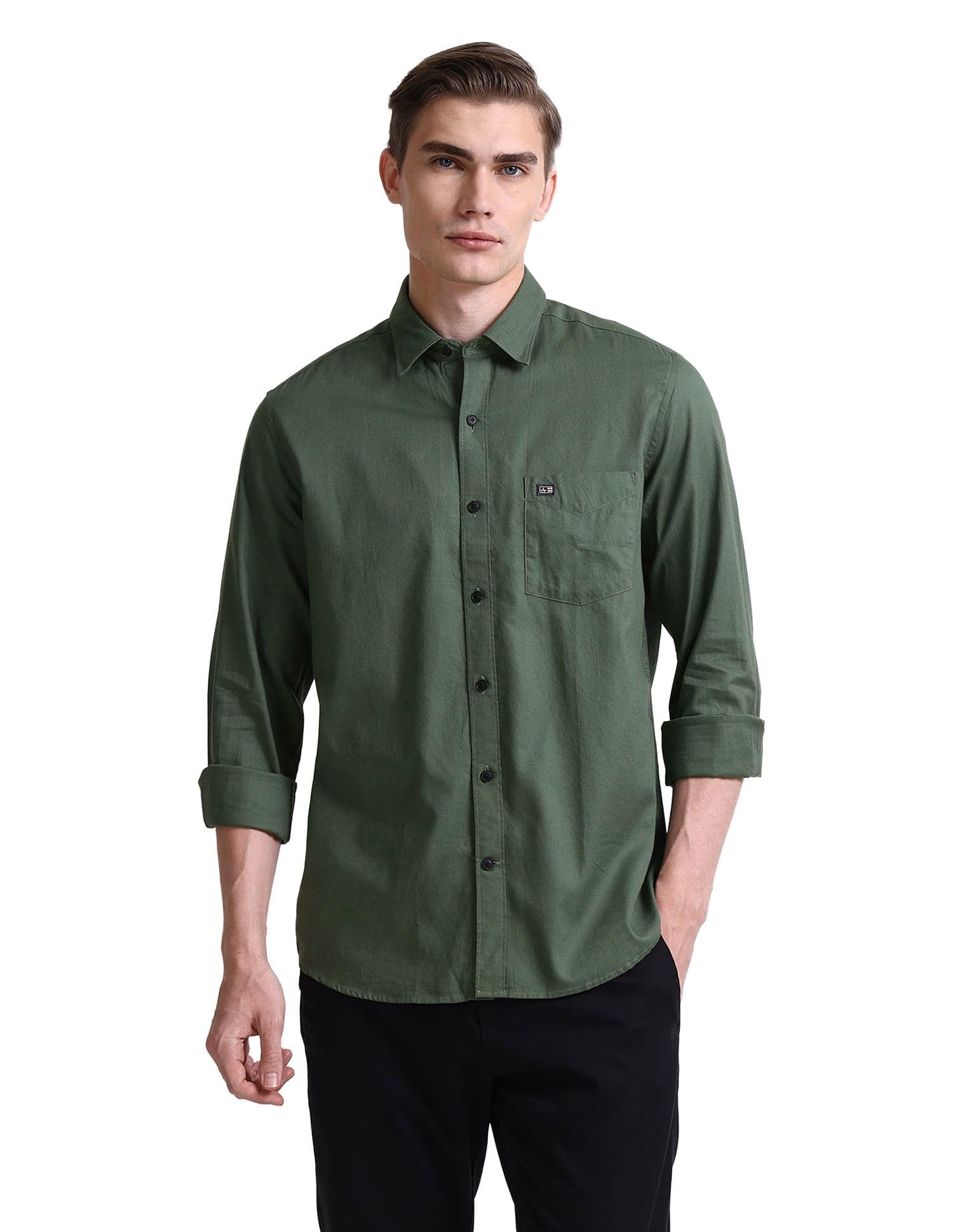 arrow sports Arrow Men's Solid Full Sleeves Slim Fit Semi-Cutaway Collar Cotton Casual Shirt Green-picture-51