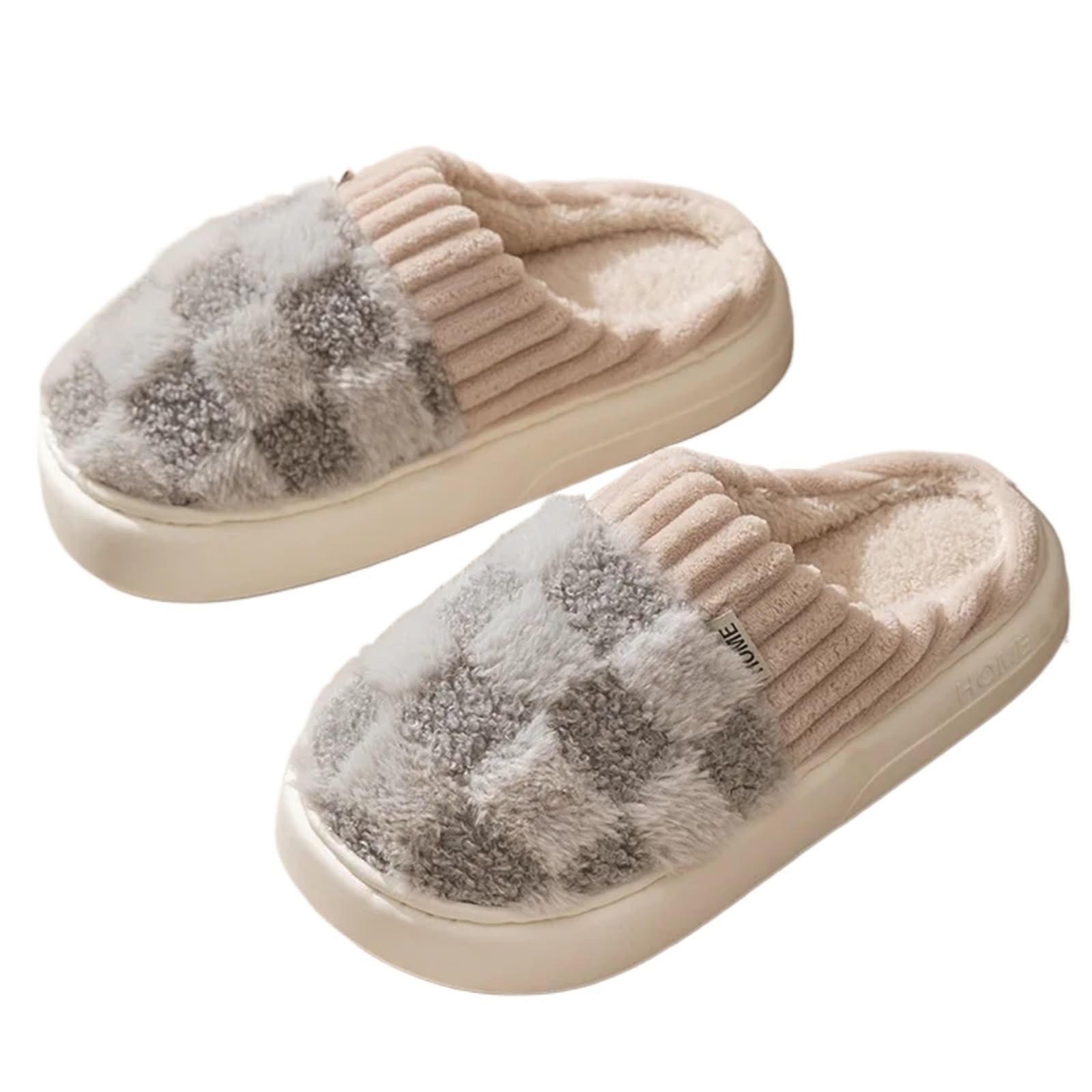 ERHTGUO Warm Fluffy Cotton Slippers For Women Indoor Anti-slip Comfort Plush Slides Couple Soft Fuzzy House Shoes(Grey,42-43)