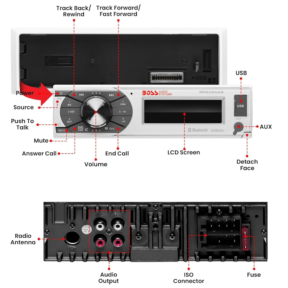 Boss Audio Systems MR632UAB Single DIN Radio Receptor AM/FM AUX USB MP3 Bluetooth Resistente al Agua Blanco 1 Unidad