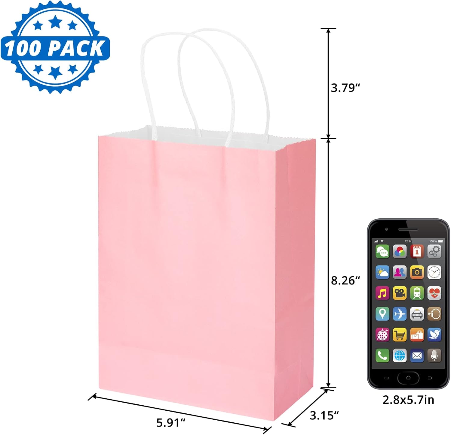 100 Pack 5.9x3.15x8.26 inch Small Pink Gift Bags, Kraft Bags with Handles Bulk for Birthday Party Favors,Gift Paper Bags,Retail Shopping Business Goody Craft Gift Bags - Image 2