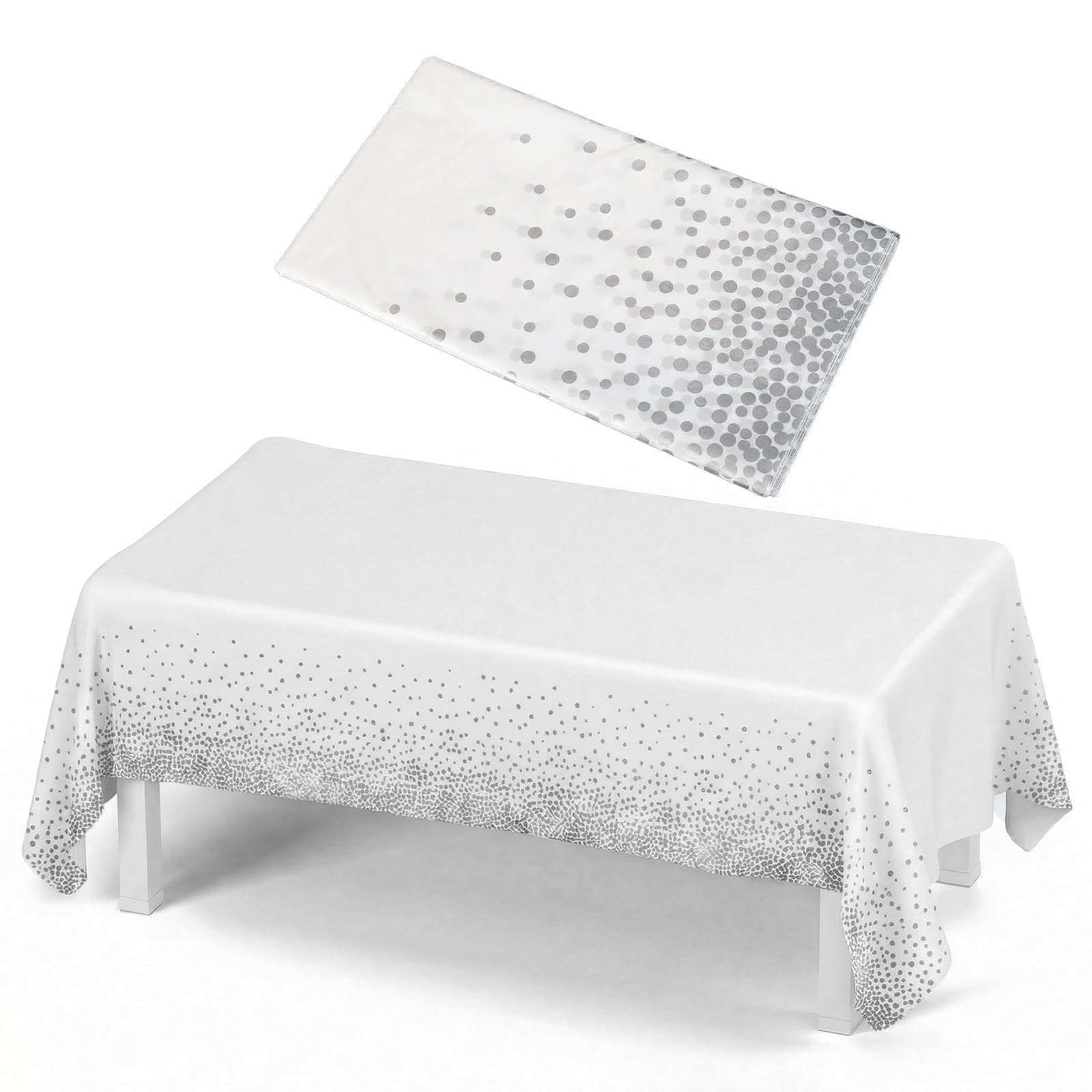 Geukmun Disposable Plastic Tablecloth, 54x108-inch Birthday Tablecloth with Foil Polka Dots, Waterproof Rectangular Party Table Cover for Birthday Decorations, Weddings, Baby Showers (White and Grey)