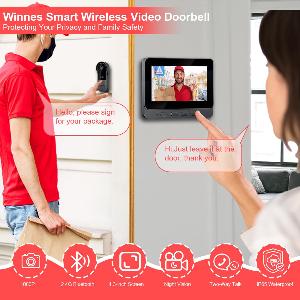 Winnes Timbre de vídeo inalámbrico con Pantalla, cámara de Timbre Exterior 1080P, Compatible con conexión inalámbrica Bluetooth 2.4G, Resistencia al Agua IP65, sin Necesidad de WiFi ni aplicación.