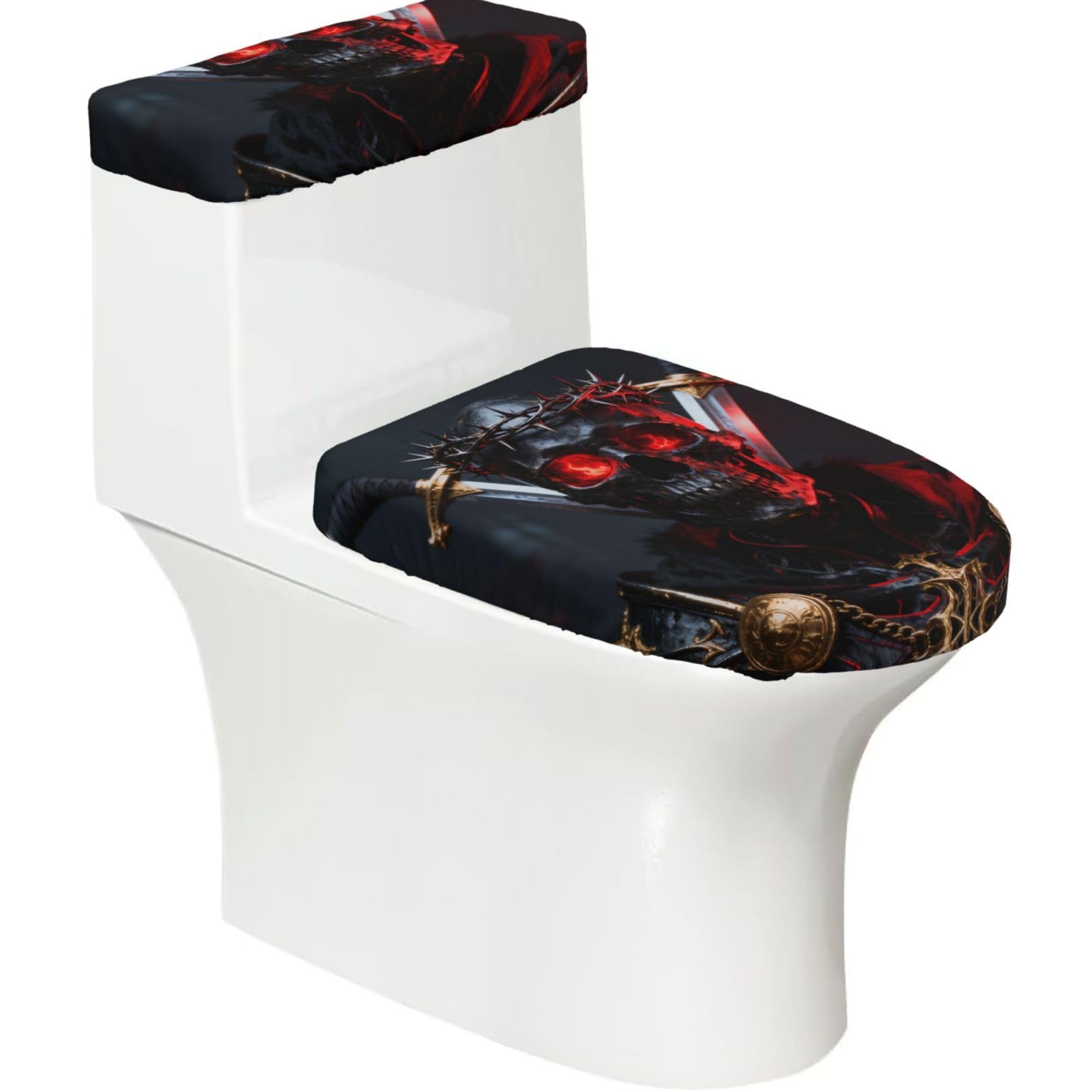 Cntdbu Black Skull Crown Stretchy Toilet Lid And Tank Cover Set-Soft Elastic Bathroom Decor For U Shape Oval