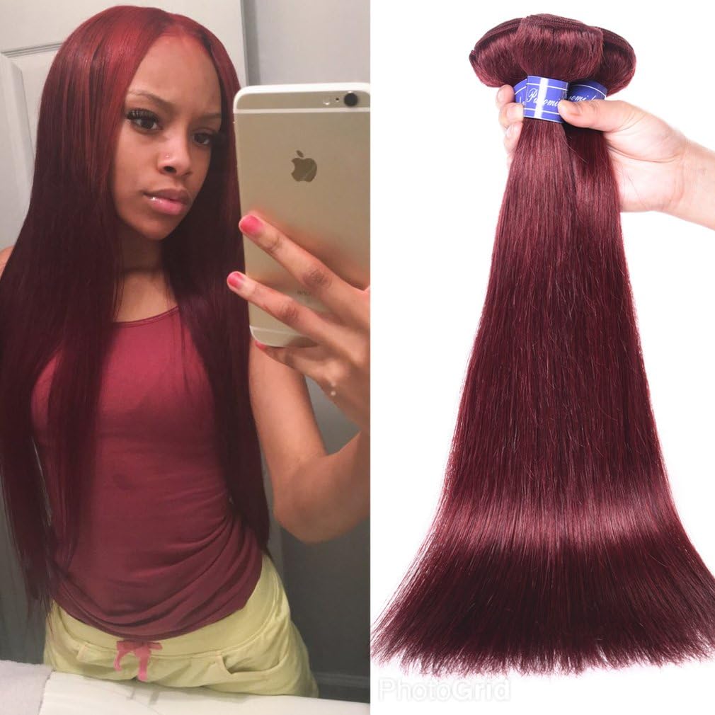 3 Bundles Puromi Hair Extensions Peruvian Virgin Hair Straight Red Wine Burgundy 99J Human Hair Weave (14 16 18)