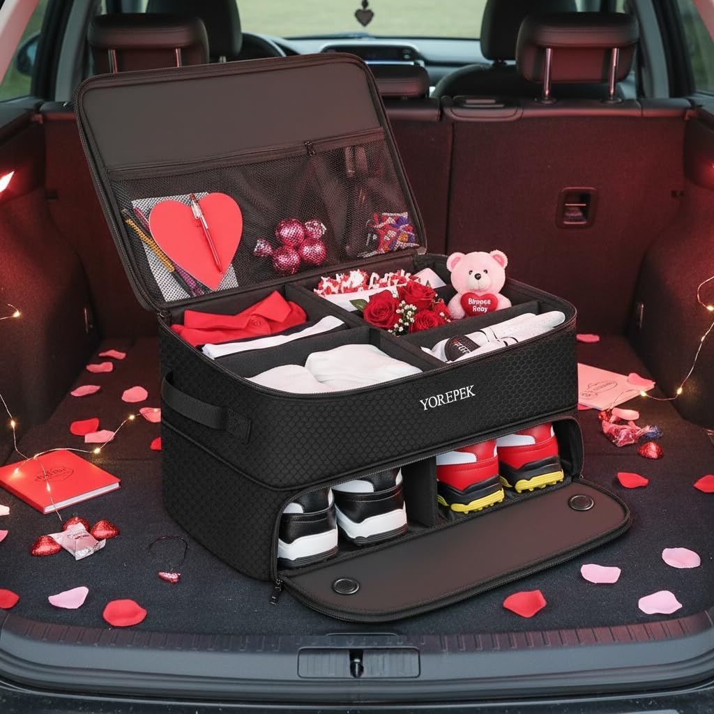 YOREPEK 2 Layer Golf Trunk Organizer, Golf Gifts for Men with Separate Ventilated Compartment for 2 Pair Shoes, Waterproof Car Trunk Locker for Balls, Tees, Clothes, Gloves, Gifts for Golfers Large-Black