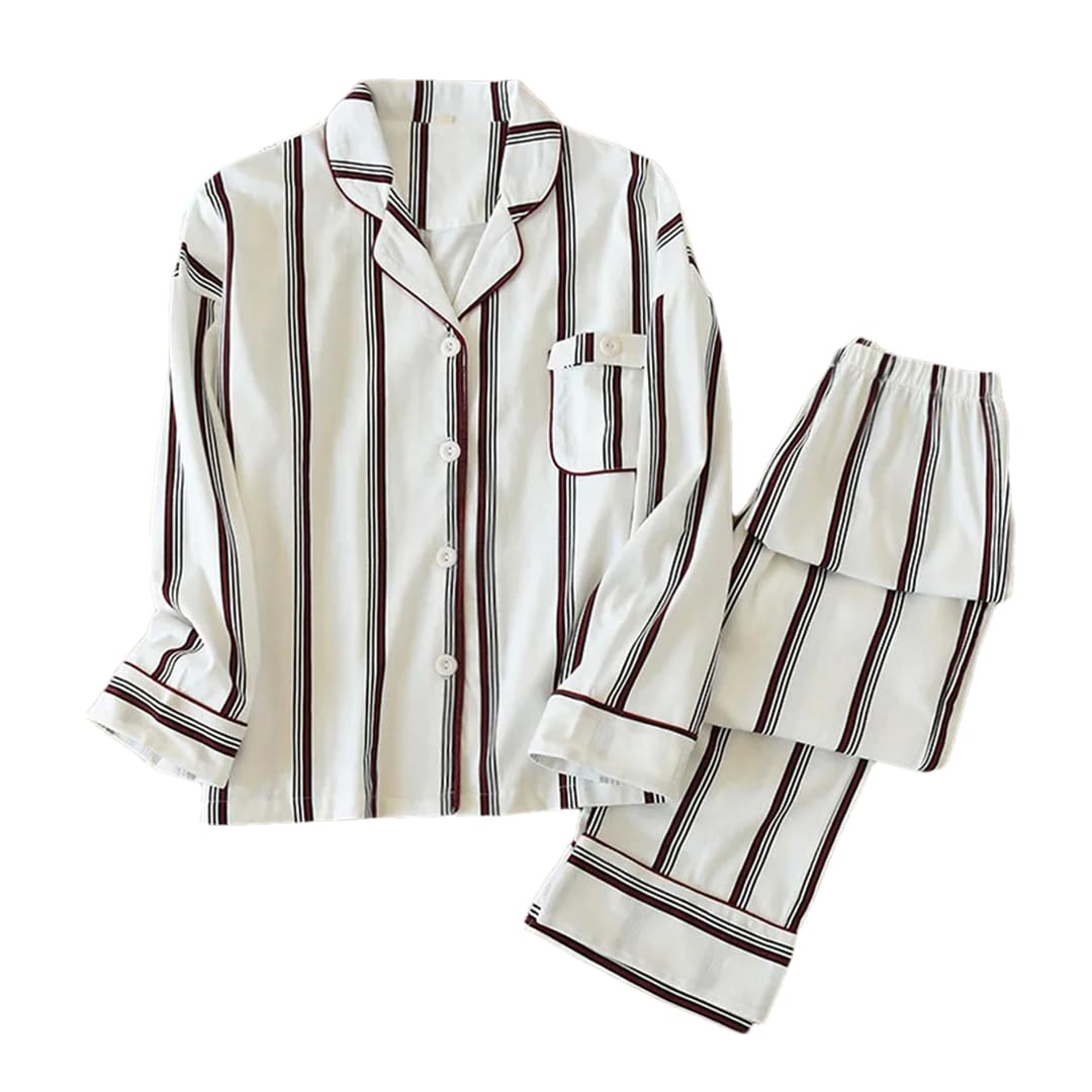 Hdhdeueh Conjunto de pijama de punto de algodón a rayas para mujer, camiseta de manga larga y pantalones suaves y cómodos