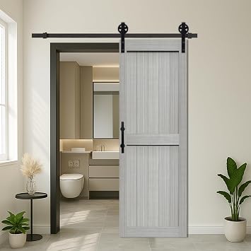 S&Z TOPHAND 24in x 84in MDF Light Gray Barn Door with 4FT Sliding Door Hardware Kit, 24-60in Solid Barn Door Slab Covered with Water-Proof PVC Surface, Simple Assembly is RequiredBig Wheel