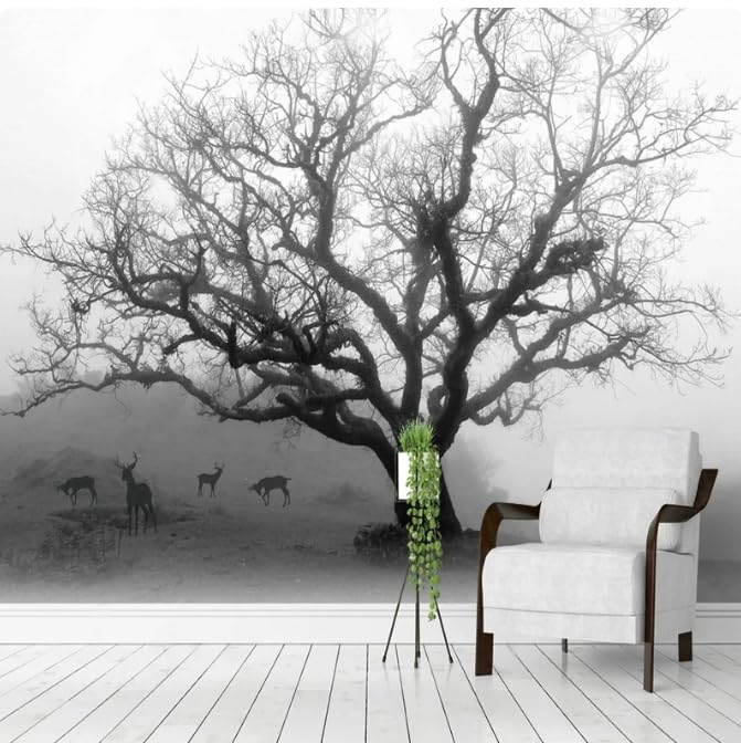 Papier peint photo 3D arbre noir et blanc pour agrandir visuellement un petit salon