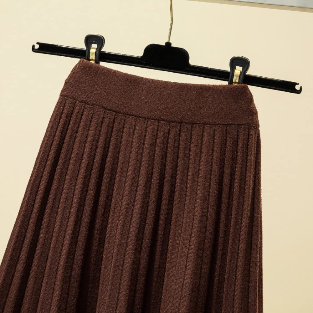 Dehnbarer Strickrock,Damen-Midirock, Dunkelbraun, Elastisch, Hohe Taille, Gestrickter Faltenrock, Hüftumwickelt, A-Linie, Schaukel, Gerafft, Herbst, Einfache Lange Röcke Für Mädchen, Damen,L